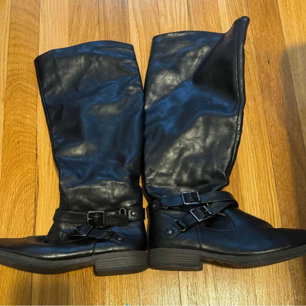 Bamboo Black Leather Knee-High Boho Bikercore Moto Goth Emo Boots Size 7.5